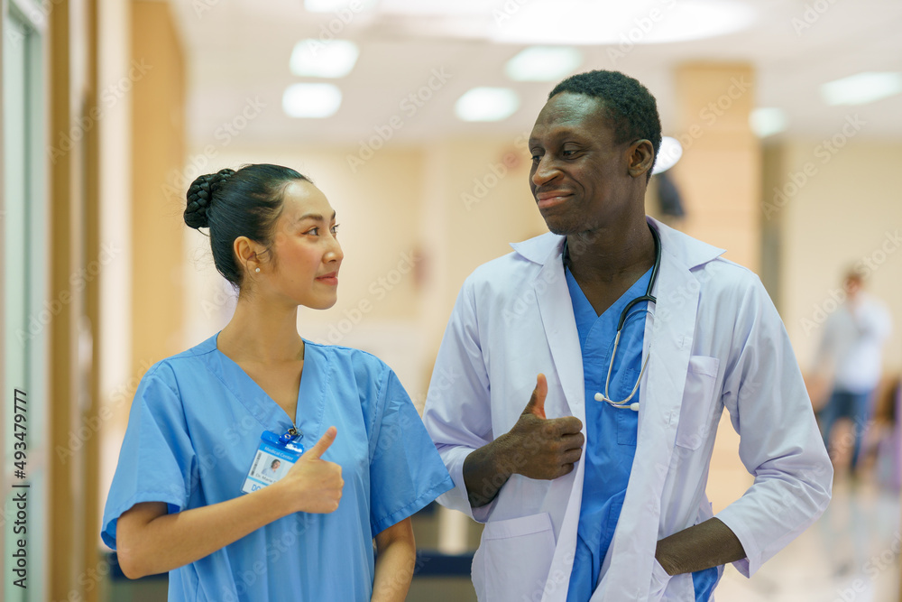 Obraz premium Healthcare people group. Professional doctor working in hospital office or clinic with other doctors, nurse and surgeon. Medical technology research institute and doctor staff service.