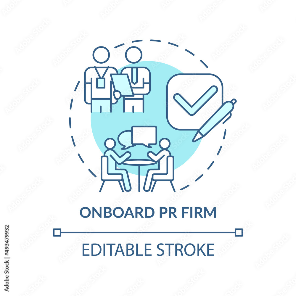 Onboard PR firm turquoise concept icon. Brand building service. Hiring agency abstract idea thin line illustration. Isolated outline drawing. Editable stroke. Arial, Myriad Pro-Bold fonts used Onboard PR firm turquoise concept icon. Brand building service. Hiring agency abstract idea thin line illustration. Isolated outline drawing. Editable stroke. Arial, Myriad Pro-Bold fonts used