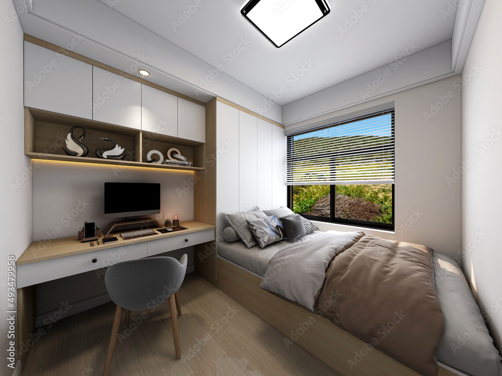 3D rendering, elegant and modern bedroom design, big bed with overcoat cabinet, coffee table, TV, carpet, etc., very comfortable and leisure. 3D rendering, elegant and modern bedroom design, big bed with overcoat cabinet, coffee table, TV, carpet, etc., very comfortable and leisure.