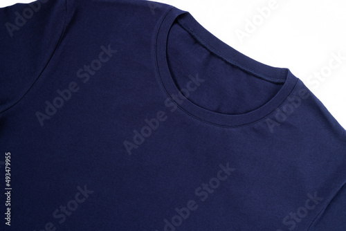 Blue cotton t-shirt mockup, isolated on white background. Close-up of the collar for the logo