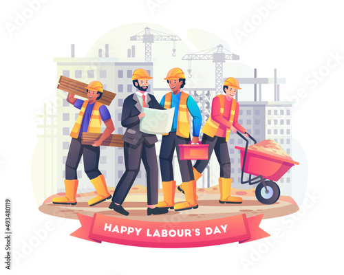 Construction workers working together to build a building on 1th may labour day. Flat style vector illustration