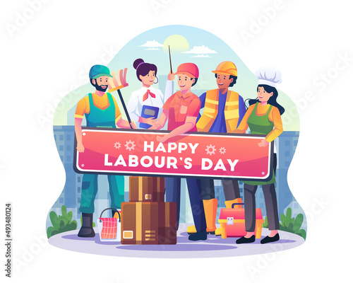 Labor workers in different Professions standing together hold a banner sign saying happy labor day. Flat style vector illustration