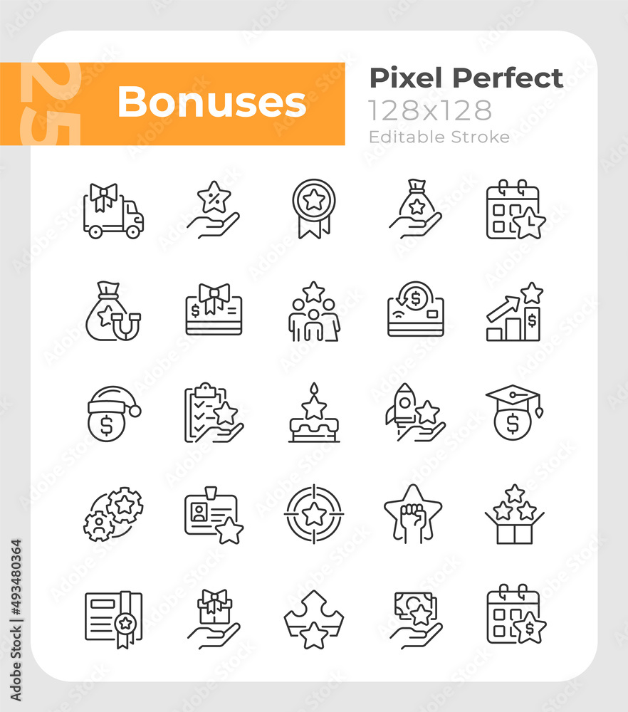 Bonuses pixel perfect linear icons set. Special payment. Employee reward. Customizable thin line symbols. Isolated vector outline illustrations. Editable stroke. Montserrat Bold, Light fonts used Bonuses pixel perfect linear icons set. Special payment. Employee reward. Customizable thin line symbols. Isolated vector outline illustrations. Editable stroke. Montserrat Bold, Light fonts used