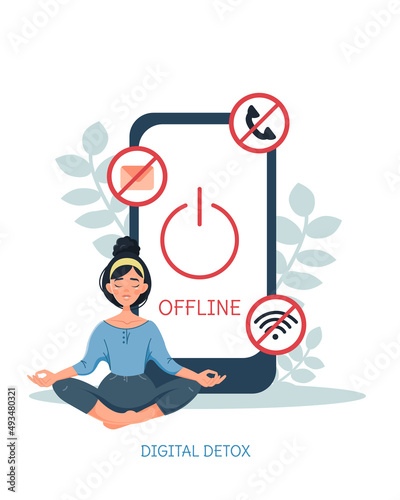 Digital detox concept. A woman meditates in the lotus position. Informational detoxification. Rejection of news, gadgets, devices, the Internet, social networks. Maintaining mental health. Vector