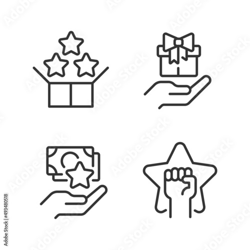 Effective sales strategy pixel perfect linear icons set. Bundle service. Free gift. Cash bonus. Motivation. Customizable thin line symbols. Isolated vector outline illustrations. Editable stroke