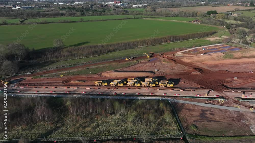 Timelapse, Heavy Plant Machinery Working On High-Speed Railway Construction Coventry Aerial View Winter HS2 UK