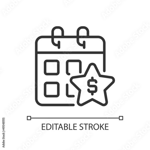 Annual bonus pixel perfect linear icon. Boosting employee engagement. Extra money to regular paycheck. Thin line illustration. Contour symbol. Vector outline drawing. Editable stroke. Arial font used