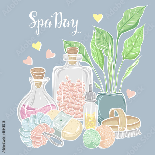 Vector fashion illustration. Spa day. Set of different face and body care items. Bath salt, oil, soap, washcloth, bath bomb, massage brush. Handmade, print on t-shirt. blue background