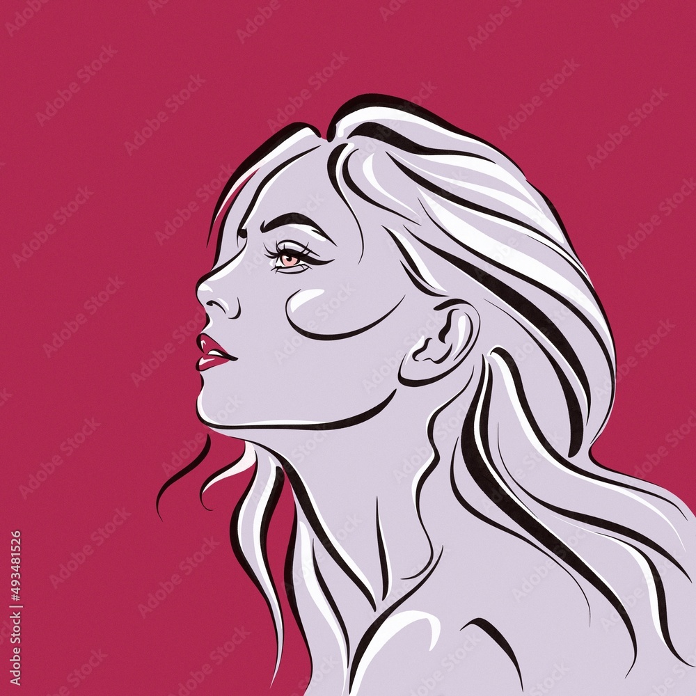 Pretty woman with wavy hair on the pink background.