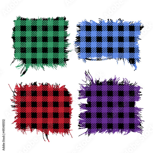 Buffalo Plaid torn fabric patchs set, Tartan distressed frames. Vector illustration