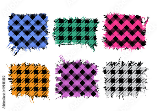 Buffalo Plaid torn fabric patchs set, Tartan distressed frames, Buffalo Plaid banner templates. Vector illustration