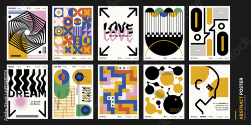 Abstract art posters collection. Vector template with primitive shapes elements, modern hipster style. Illustrations of simple shapes, line, circle.