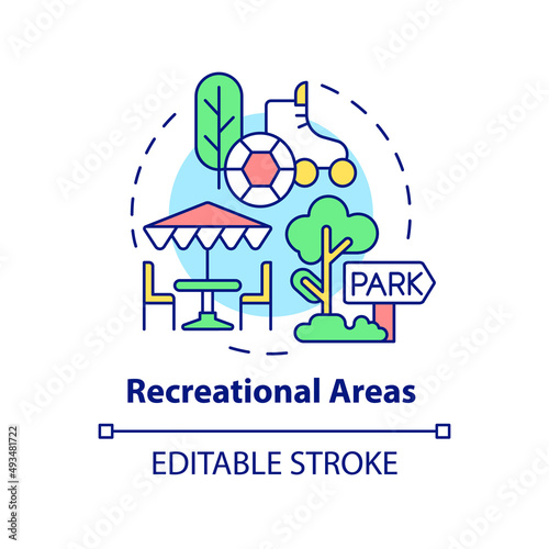 Recreational areas concept icon. Type of land-use abstract idea thin line illustration. Places for recreational purposes. Isolated outline drawing. Editable stroke. Arial, Myriad Pro-Bold fonts used