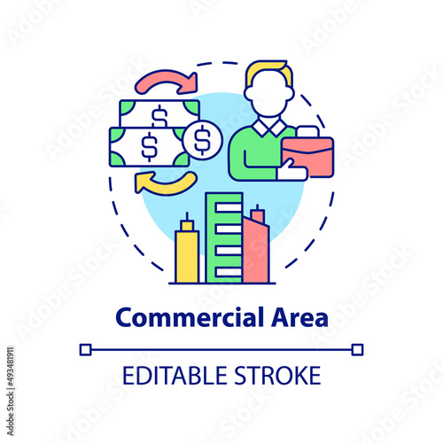 Commercial area concept icon. Type of land-use abstract idea thin line illustration. Commercial buildings. Offices, stores. Isolated outline drawing. Editable stroke. Arial, Myriad Pro-Bold fonts used