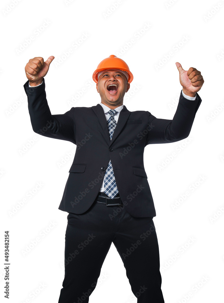 Portrait of a handsome chief engineer wearing a black suit and hard hat clenching his fists in a very happy gesture isolated on white background, with clipping path. Portrait of a handsome chief engineer wearing a black suit and hard hat clenching his fists in a very happy gesture isolated on white background, with clipping path.