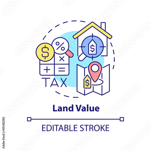 Land value concept icon. Land management practice abstract idea thin line illustration. Real estate taxation. Isolated outline drawing. Editable stroke. Arial, Myriad Pro-Bold fonts used