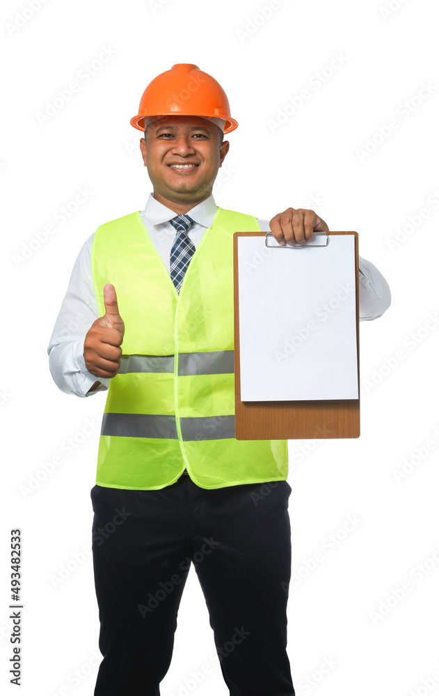 Portrait of a handsome chief engineer wearing a hard hat. Wearing a reflective tiger. Thumbs up. isolated on white background clipping path.copy space. Portrait of a handsome chief engineer wearing a hard hat. Wearing a reflective tiger. Thumbs up. isolated on white background clipping path.copy space.