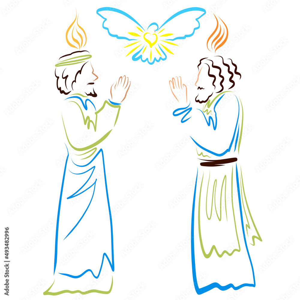 Pentecost, the Apostles pray to God, the descent of the Holy Spirit, flames over their heads Pentecost, the Apostles pray to God, the descent of the Holy Spirit, flames over their heads