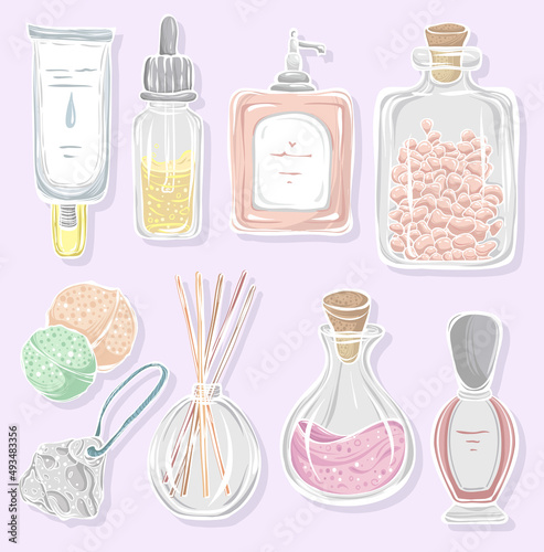 Vector fashion illustration. Spa day, print on t-shirt. handmade. Set of different face and body care items, bath salt, body oil, cream, bath bomb. handmade, print on t-shirt