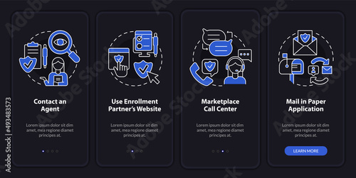 Applying for insurance ways night mode onboarding mobile app screen. Walkthrough 4 steps graphic instructions pages with linear concepts. UI, UX, GUI template. Myriad Pro-Bold, Regular fonts used