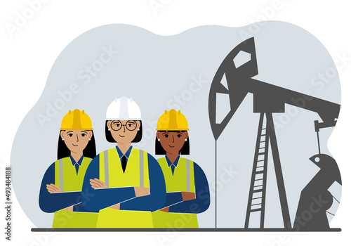 Oil refinery engineer. A female worker in front of a pumping unit for oil extraction, oil drilling and well repair.