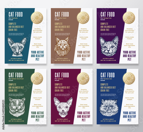 Pet Cat Food Label Templates Set. Abstract Vector Packaging Design Layouts Collection. Typography Banners with Hand Drawn Cats Breeds Faces Illustrations Backgrounds Isolated
