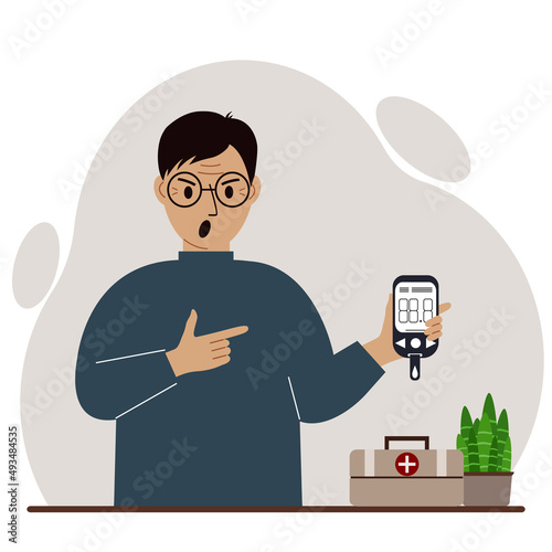 Screaming man holds a glucometer in his hand. The concept of blood sugar control, diabetic.