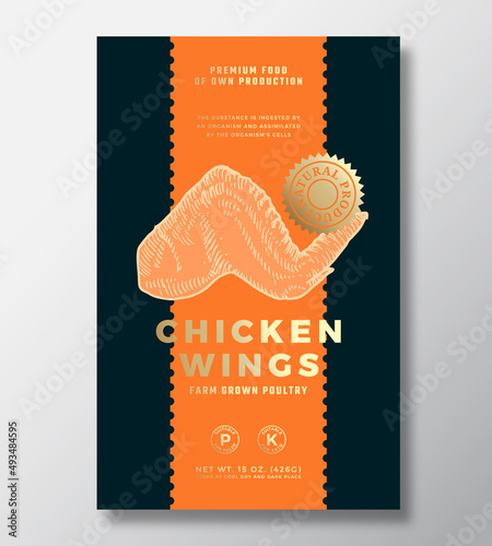 Farm Grown Chicken Wings Abstract Vector Packaging Label Design Template. Modern Typography Banner, Hand Drawn Poultry Sketch Silhouette. Color Paper Background Layout with Gold Foil Isolated
