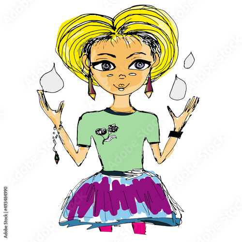 Funny girl puts on her hair extra volume volumizing mousse. Coloring, Funny drawing, cartoon