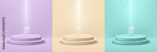 Set of 3D abstract studio room with realistic pedestal podium. Purple, beige and green vector geometric forms. Pastel scene for demonstration of cosmetic products, Stage showcase, Promotion display.