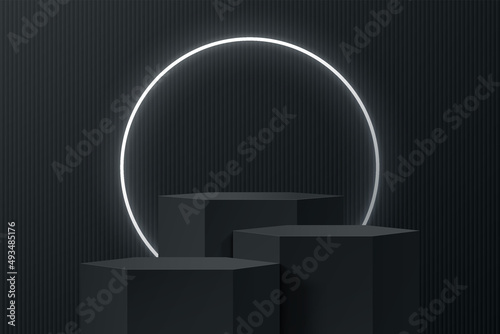 Realistic black 3D hexagon stand or steps podium set with circle neon ring background. Minimal scene for products stage showcase, Promotion display. Vector abstract studio room with geometric forms.