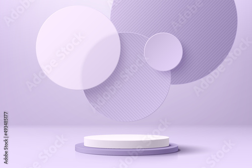 Realistic purple and white 3D cylinder pedestal podium with floating overlap circle background. Minimal scene for products stage showcase, promotion display. Vector geometric platform. Abstract room.
