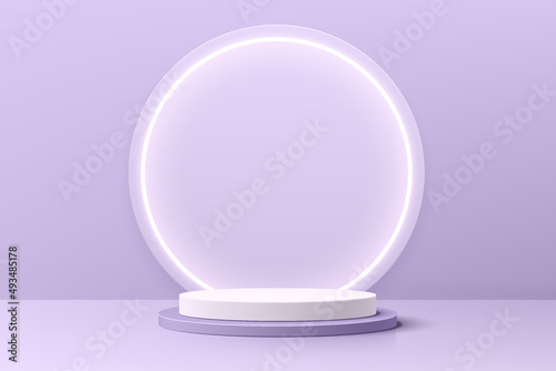 Realistic purple and white 3D cylinder pedestal podium with illuminate circle neon lamp. Minimal scene for products stage showcase, promotion display. Vector geometric platform. Abstract room design.