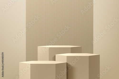 Realistic beige 3D hexagon stand or podium set with vertical pattern wall scene background. Pastel minimal scene for products stage showcase, Promotion display. Vector abstract studio room platform.