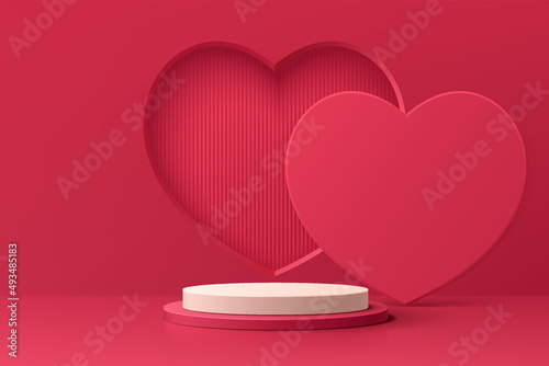 Realistic red and white 3D cylinder pedestal podium with window heart shape background. Valentine minimal scene for products stage showcase, Promotion display. Vector abstract studio room  platform.