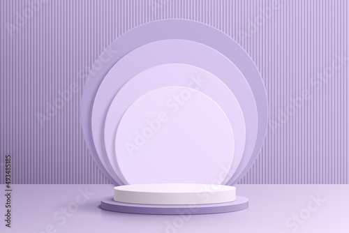 Realistic purple and white 3D cylinder pedestal podium with geometric circle layers background. Minimal scene for products stage showcase, promotion display. Vector geometric platform. Abstract room.