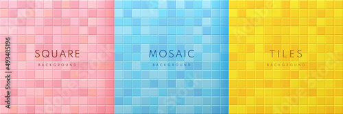 Set of pink, blue and yellow 3d square tile mosaic pattern design. Geometric background with space for your text collection design. Pastel Minimal wall scene studio room design. Vector illustration