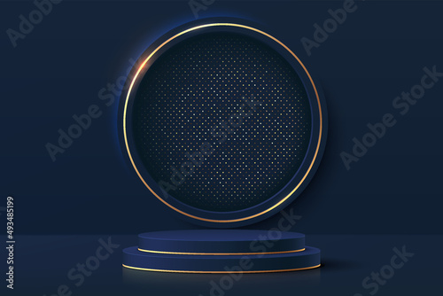 Realistic dark blue 3D cylinder pedestal podium with luxury shiny glitter in golden circle window. Scene for products stage showcase, promotion display. Vector geometric forms. Abstract studio room.