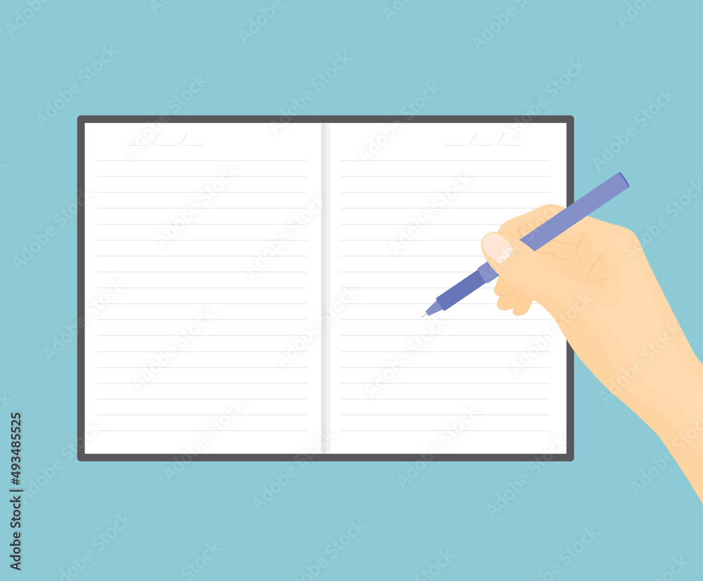 open calendar, diary and hand holding pen - vector illustration open calendar, diary and hand holding pen - vector illustration