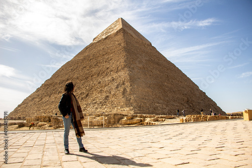 Woman looking at Pyramid Khafre, Giza, Cairo, Egypt