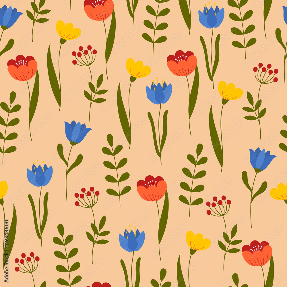 Seamless pattern with colorful flowers on pink background. Endless print made of flowers and branches. Seamless pattern with colorful flowers on pink background. Endless print made of flowers and branches.