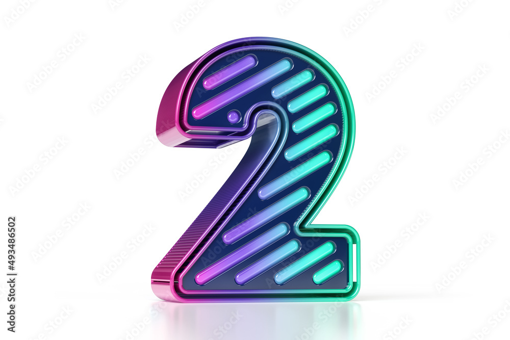 Colorful gaming font. Shiny futuristic style number 2 in purple to blue gradient on white background. High quality 3D rendering. Colorful gaming font. Shiny futuristic style number 2 in purple to blue gradient on white background. High quality 3D rendering.