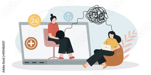 Psychotherapist from laptop talk patient with mental problems. Doctor talking to woman about mental health. Concept of psychological help
