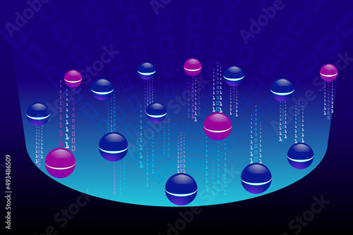 Binary code with blue background. Big data background with colorful circles. Network connection with big data.
