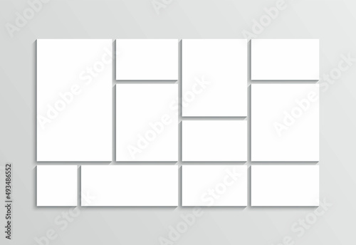 Photo collage template. Mood board layout. Moodboard background. Mosaic pictures frame. Gallery banner. Scrapbook album brandboard. Empty combination portfolio images. Vector illustration