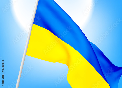 Flag of Ukraine against a clear blue sky. The symbol of patriotism of the Ukrainian nation, a blue-yellow silk banner, flutters in the rays of light. Vector 3d realistic illustration. Vector EPS10