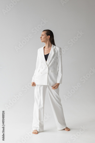 Sexy elegant woman, natural beauty, fashion style, clothing, casual formal suit, lady in white jacket, pants, romantic meeting, party style, glamor model, trend,