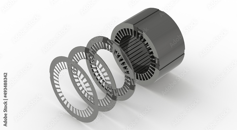 Stator sheet metal package, exploded view, 3D rendering Stator sheet metal package, exploded view, 3D rendering
