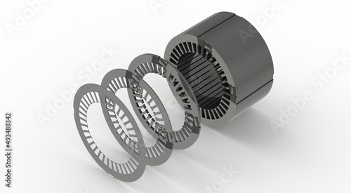 Stator sheet metal package, exploded view, 3D rendering photo