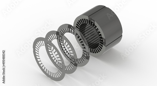 Stator sheet metal package, exploded view, 3D rendering
